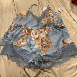 In Bloom Blue and Tan Floral Lace Pajama Set